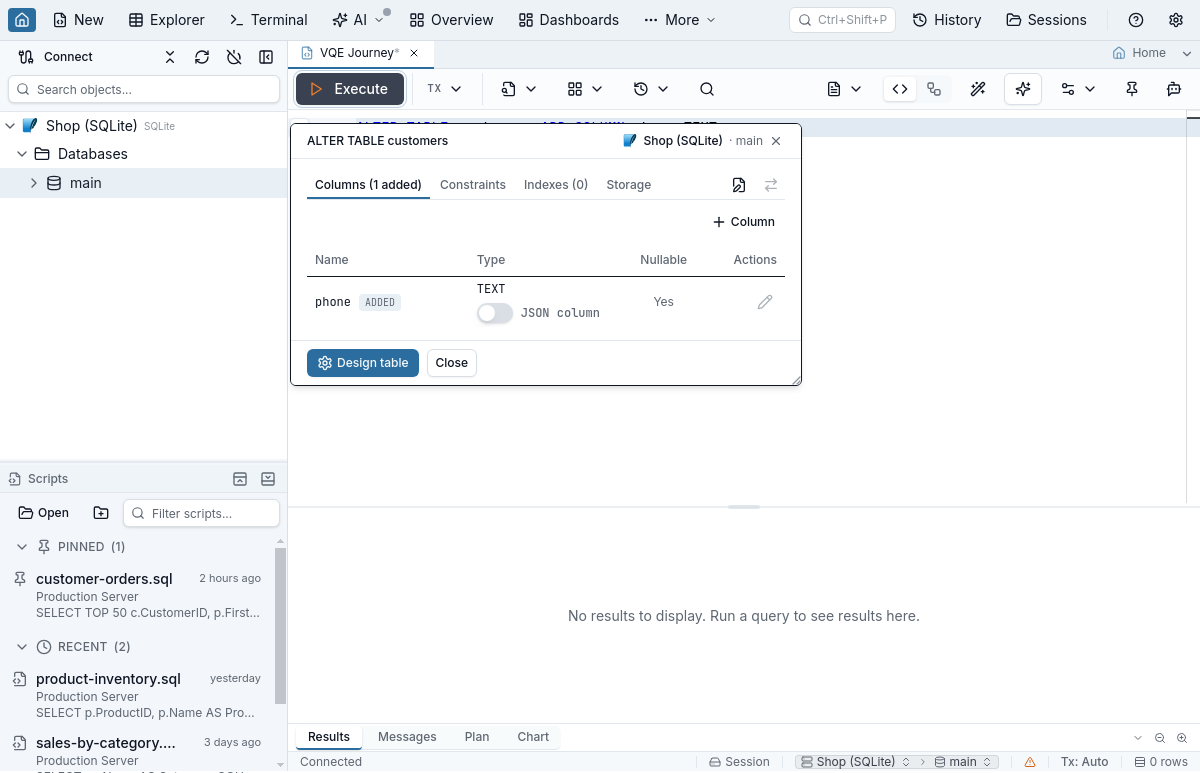 The compact editor on ALTER TABLE customers ADD COLUMN phone TEXT: a Columns tab reading 1 added with the phone column marked ADDED, Nullable Yes, and Design table and Close buttons