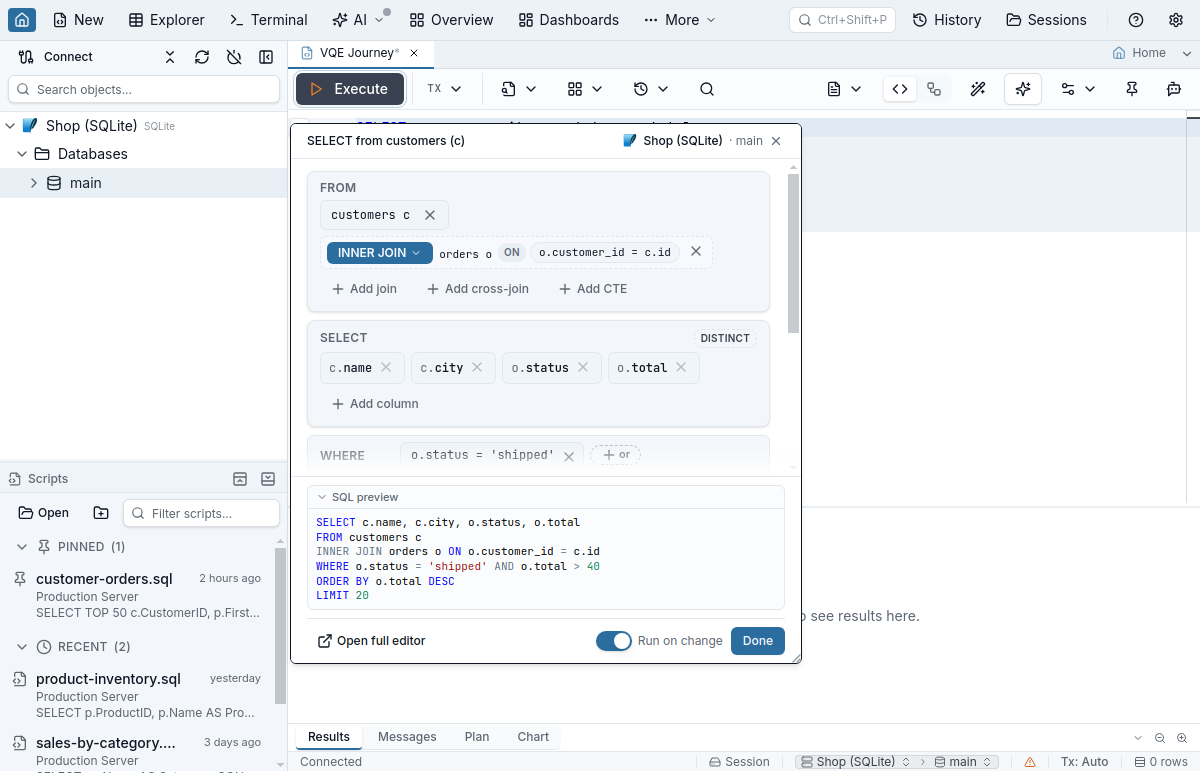 The compact Visual Query Editor popover over the SQL editor: FROM with a join, the SELECT columns and WHERE, a SQL preview, and Open full editor, a Run on change switch and Done in the footer