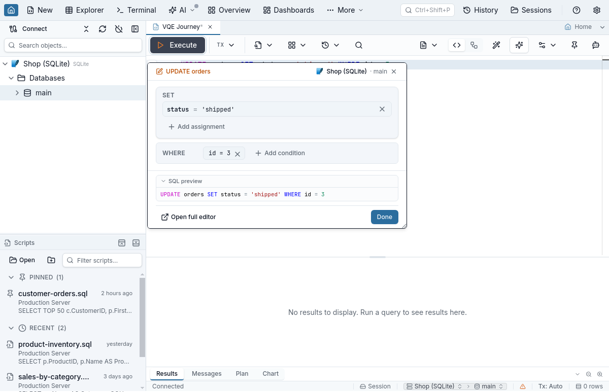 The compact editor on an UPDATE orders statement, with an editable SET assignment and WHERE condition and the header in the write accent colour