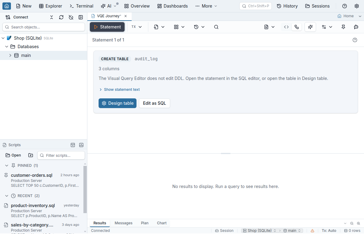 A CREATE TABLE audit_log statement in the Visual view as a read-only card: the kind and table name, 3 columns, a line saying the Visual Query Editor does not edit DDL, and Design table and Edit as SQL buttons