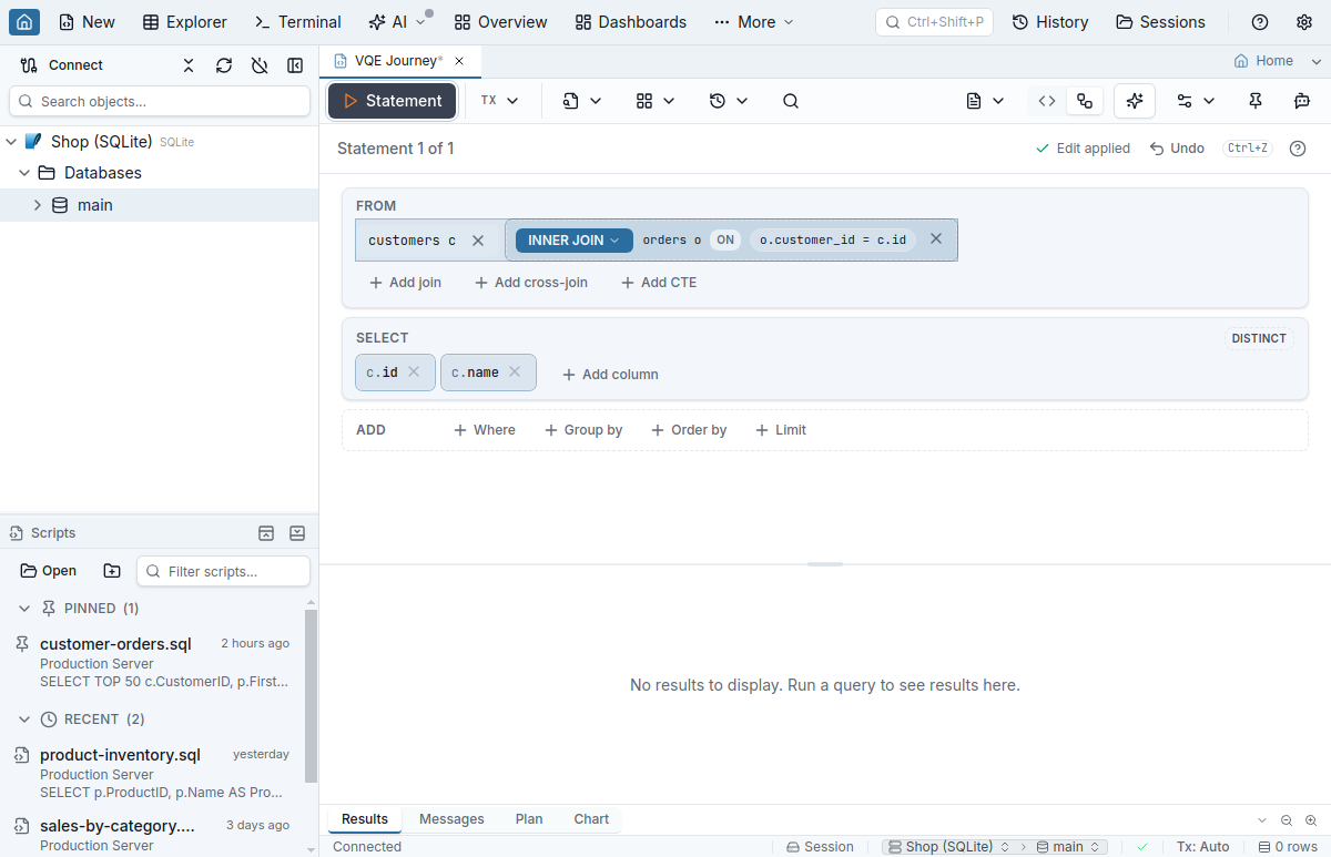 The Visual view right after adding a join: the new INNER JOIN orders row and the requalified c.id and c.name chips tinted, and Edit applied, Undo, Ctrl+Z in the header