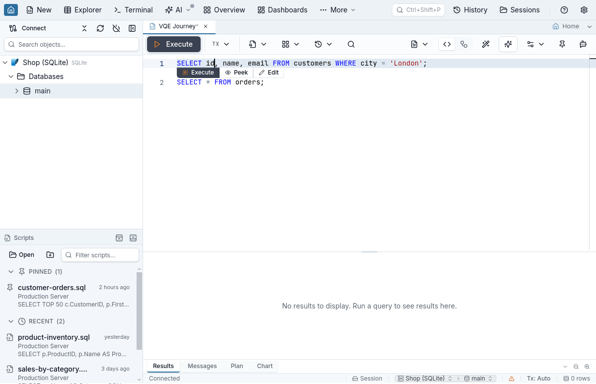 The SQL view with the inline run bar under the first statement, showing Execute, Peek and Edit