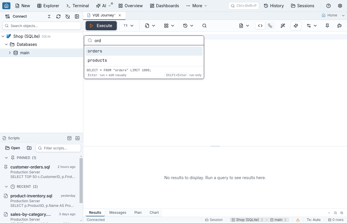 The Query a table picker on a blank line, filtered to ord, with orders and products listed and a footer previewing SELECT * FROM orders LIMIT 1000 with Enter to run and edit visually
