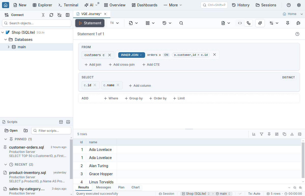 The Visual view with the joined query's results in the tab's results grid below the cards, five rows, and Query executed successfully in the status bar
