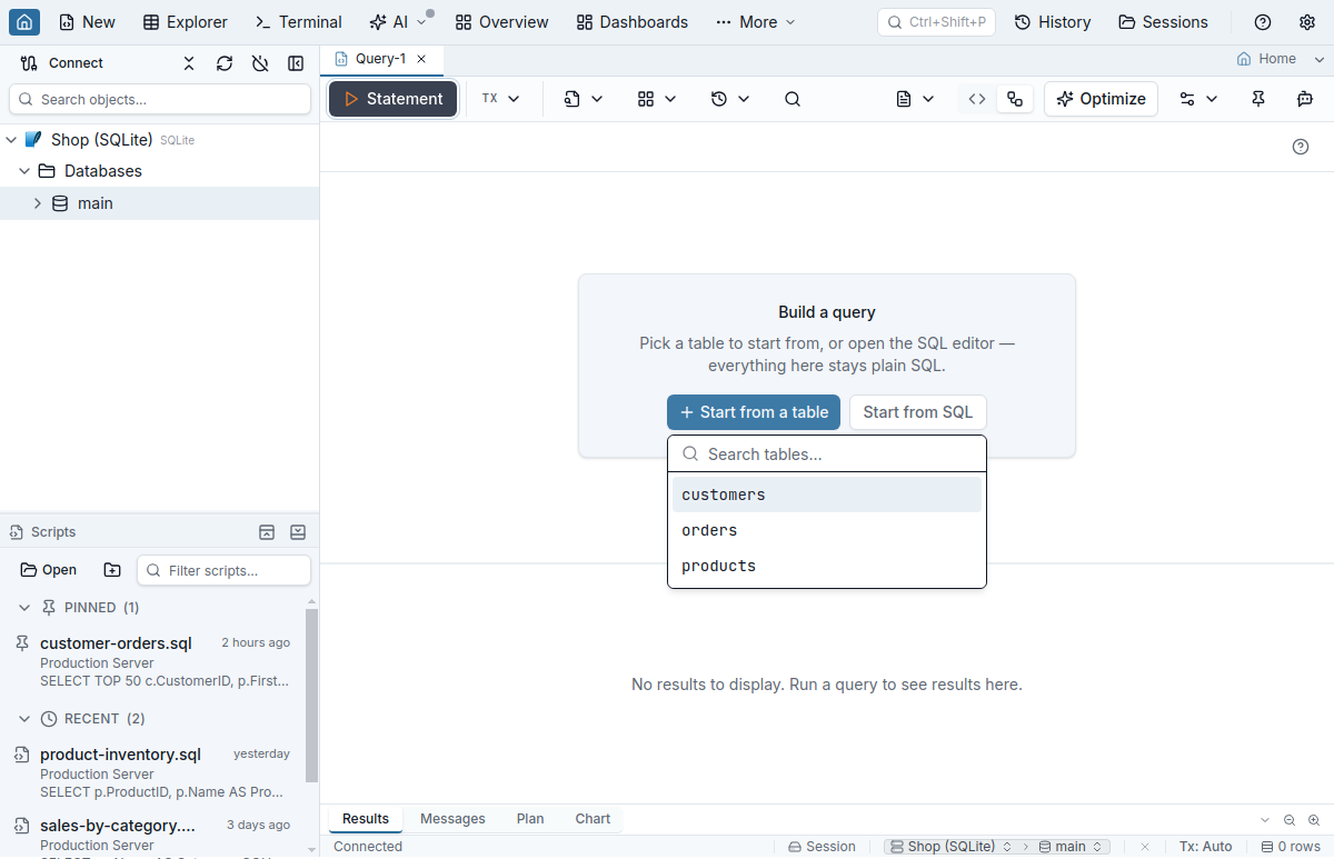 A new Query tab in its Visual view showing the Build a query canvas, with Start from a table open on a list of the customers, orders and products tables, and a Start from SQL button