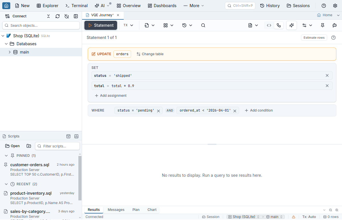 An UPDATE in the Visual view: an amber UPDATE orders row with Change table, a SET card with two assignments, a WHERE card with two conditions, and an Estimate rows button in the header
