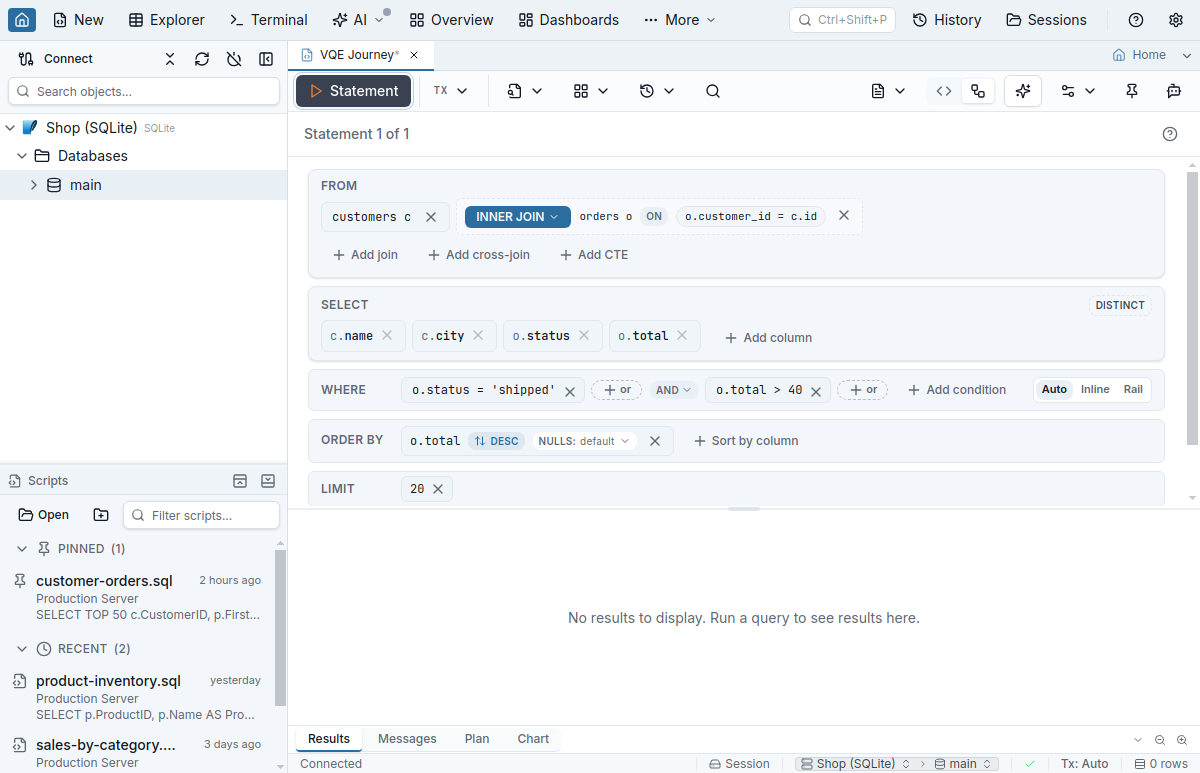 A Query tab in its Visual view: a SELECT with an inner join laid out as a FROM card with the join row, a SELECT card with four columns, a WHERE card with two conditions joined by AND and a + or chip after each, and the toolbar's Execute button reading Statement